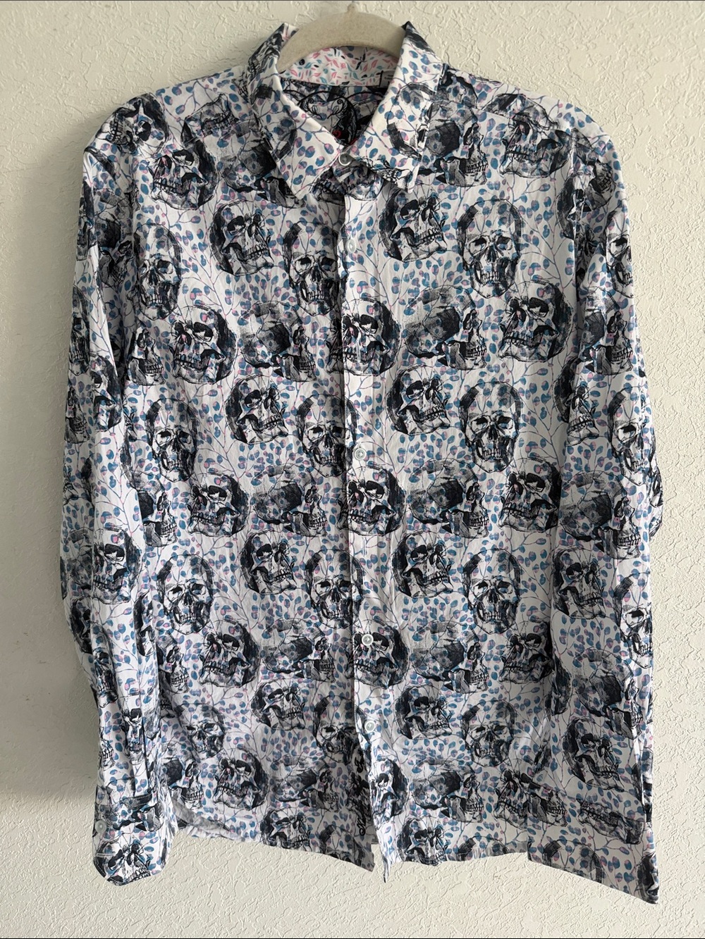 Robert Graham White Shirt with Black Skull and Blue Accent Print
